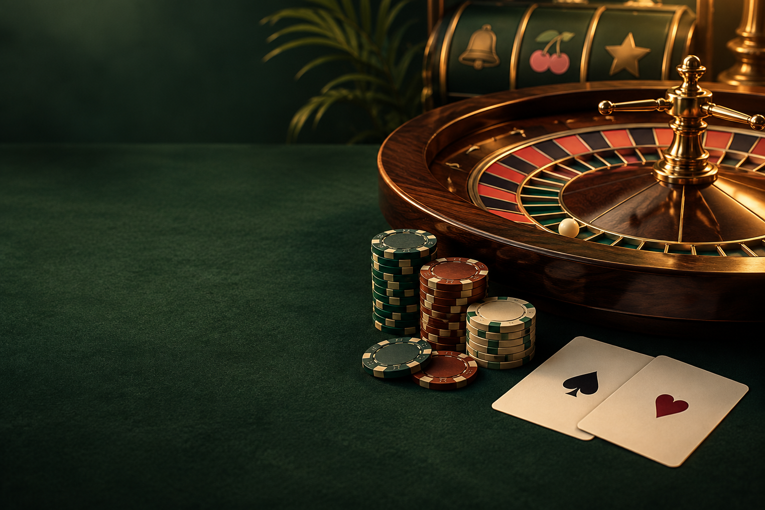 Ilustrasi meja roulette dan kartu dalam suasana casino untuk at777