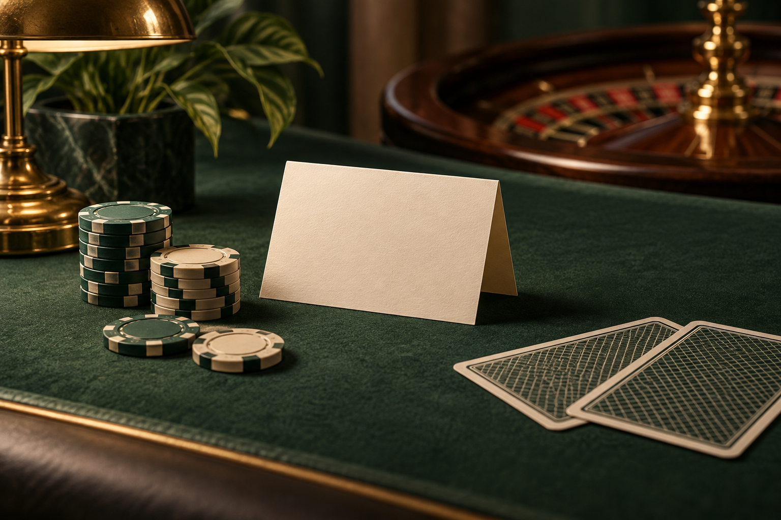 Ilustrasi dokumen dan keping di meja casino untuk bantuan at777